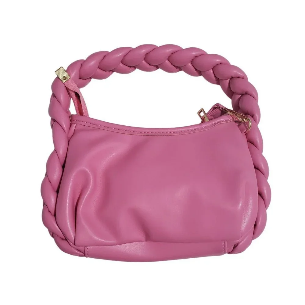 New‎ Braided Handle Vegan Leather Hobo Bag in Bubblegum Pink